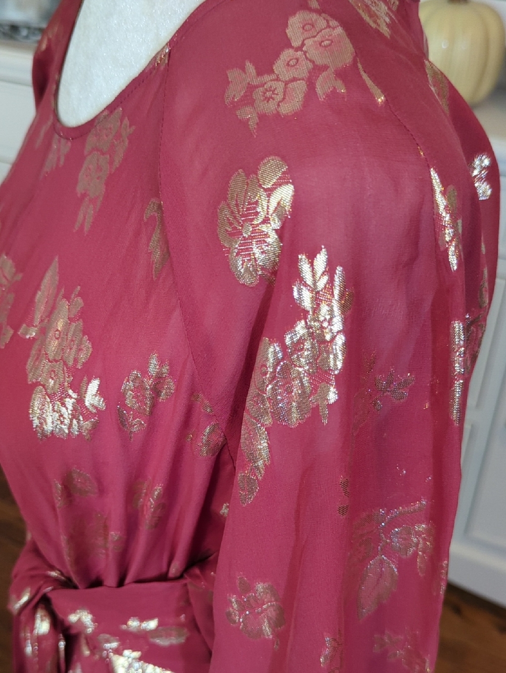 Opaline Designer Sheer Silk Dusty Rose Metallic Floral Tie-Waist Midi Dress - Picture 9 of 11